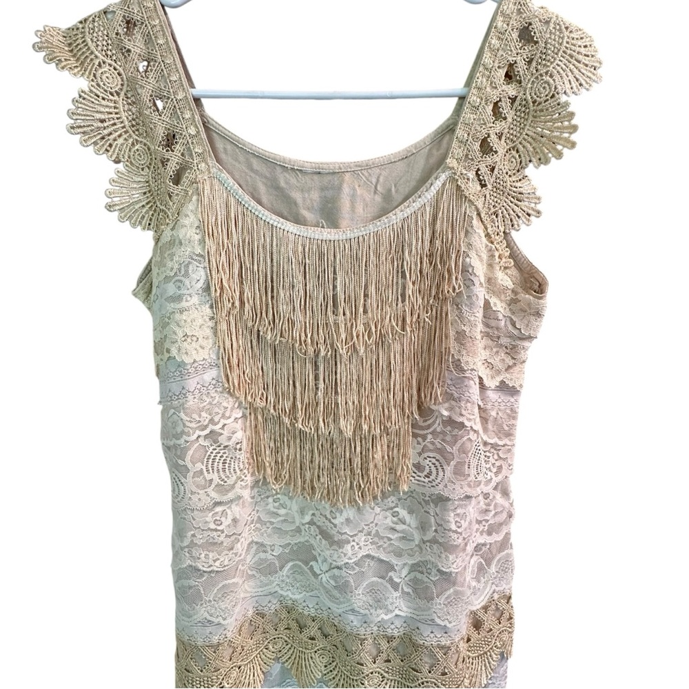 Linen and Lace Crochet Flapper Tassel Dress S - Picture 3 of 6